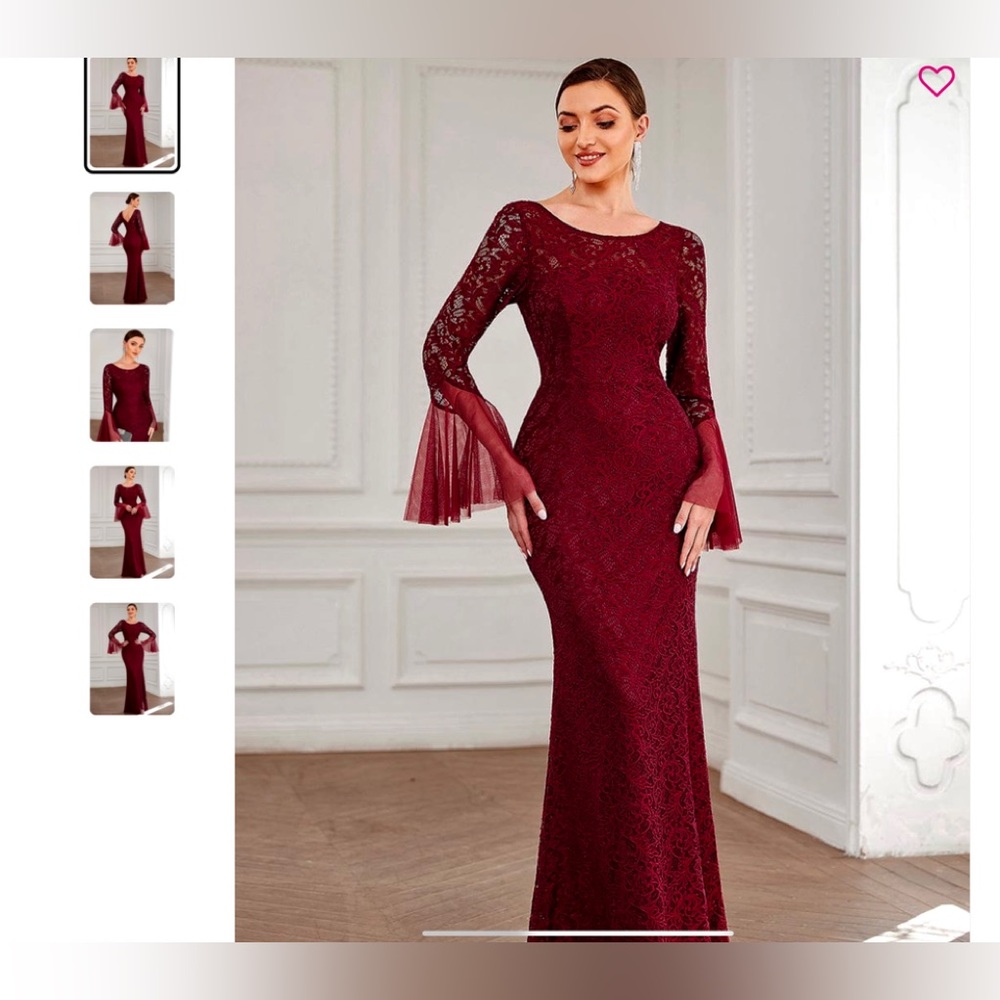 Lace Evening Dress in Burgandy with Tulle sleeve accents.